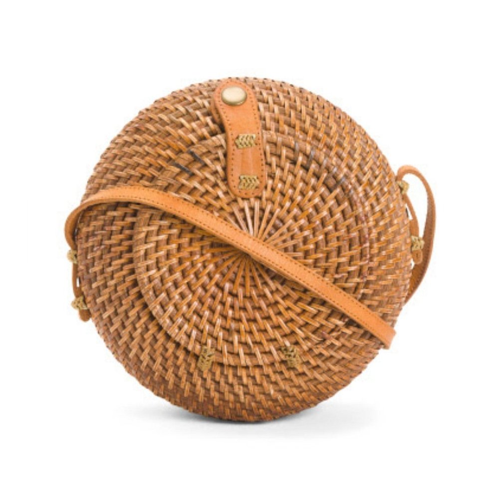 Handwoven Wicker Round Rattan Crossbody Bag With L